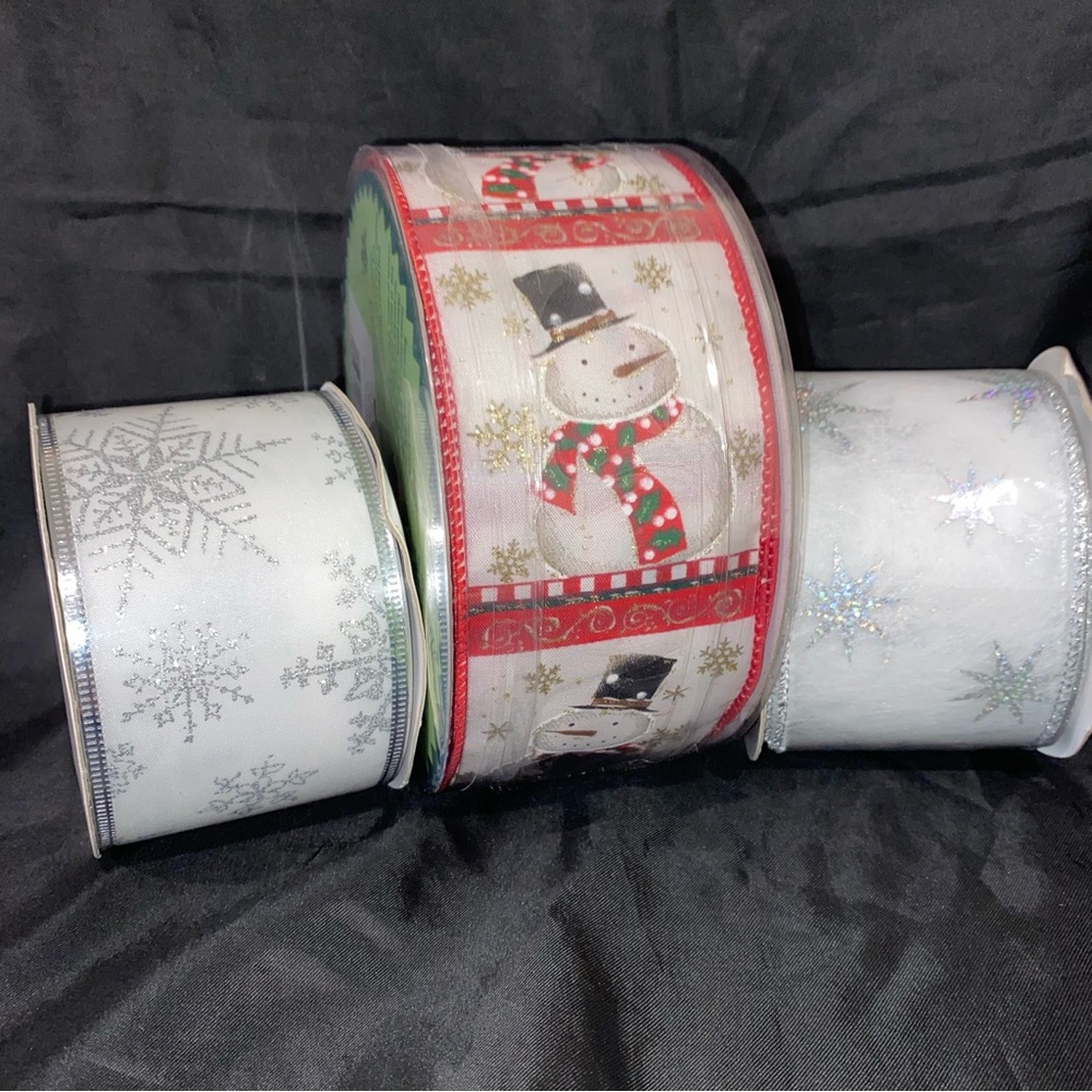 Festive Snowman and Snowflake Holiday Ribbon Set for Crafts, Wreaths, Etc
